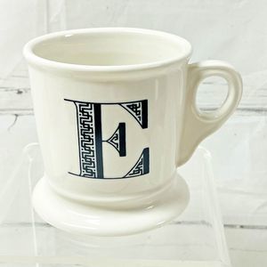 Anthropologie Black E Letter Design Monogram White Coffee Cup Mug Shaving Style